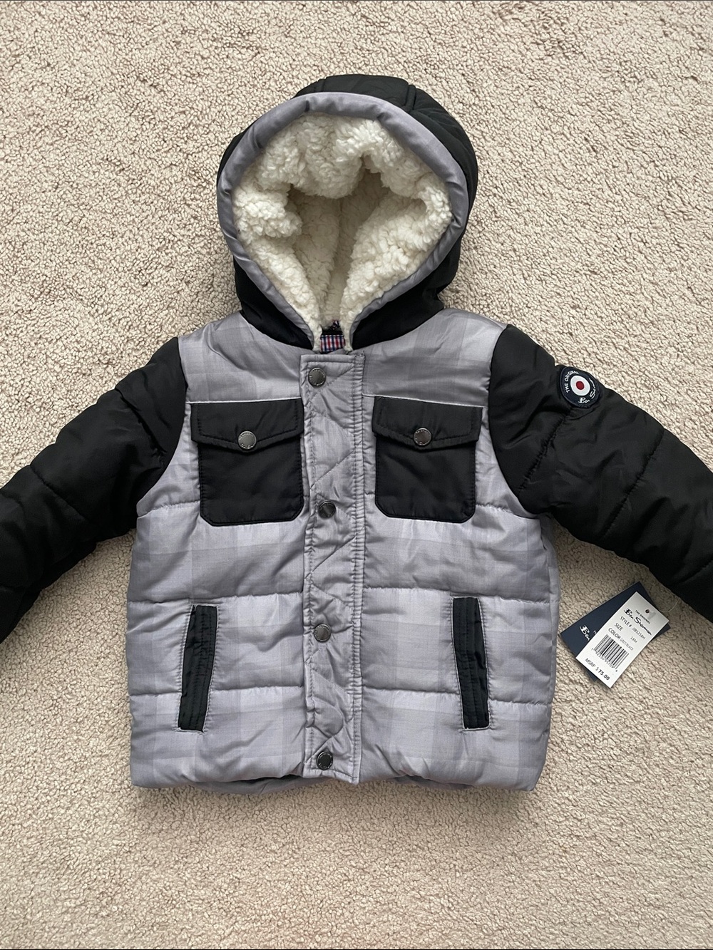 Ben Sherman Grey and Black Puffer Hooded Jacket for Kids